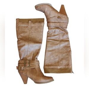 Just Fab Tan Benita Heeled Boots with Sweater Top and Buckles Size 7.5